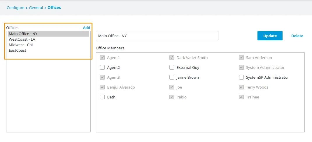 Selezione di una sede dal menu Offices