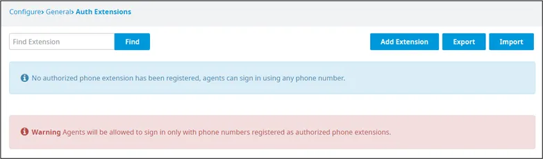 Pagina Authorized Extensions senza interni registrati