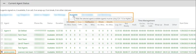 Pulsante Available nel pannello Current Agent Status