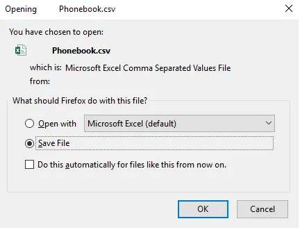 Richiesta di apertura o salvataggio del file phonebook.csv