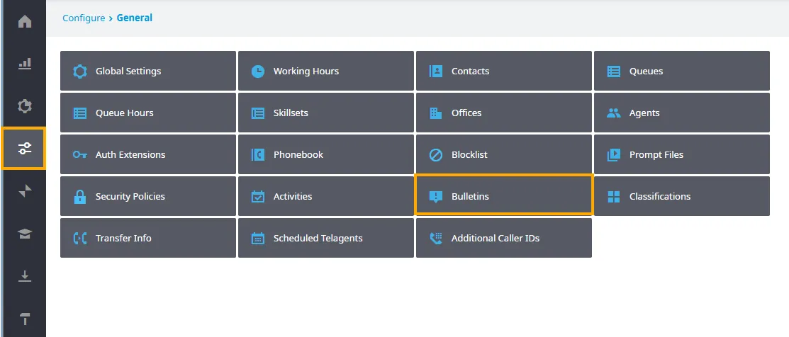 Pagina Bulletins nel menu Configure
