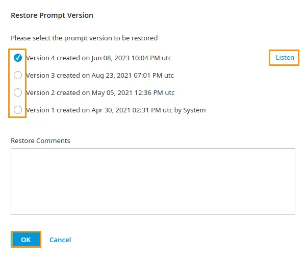 Finestra Restore Prompt Version con l’elenco delle versioni