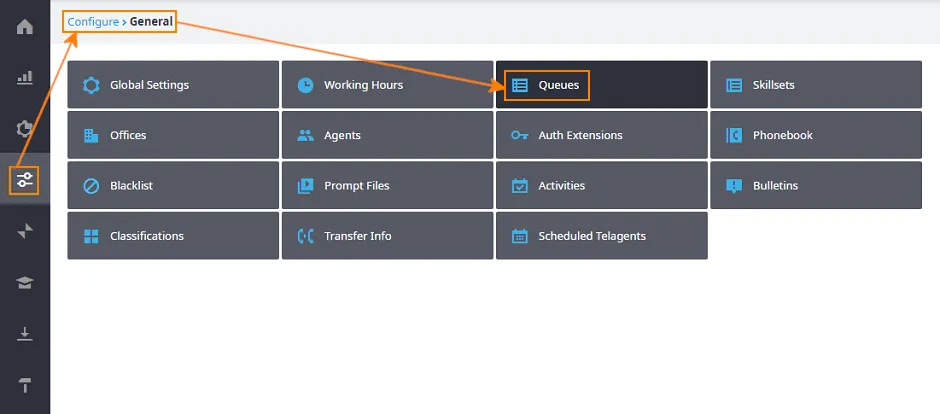 Pagina Queues del portale di amministrazione del Contact Center