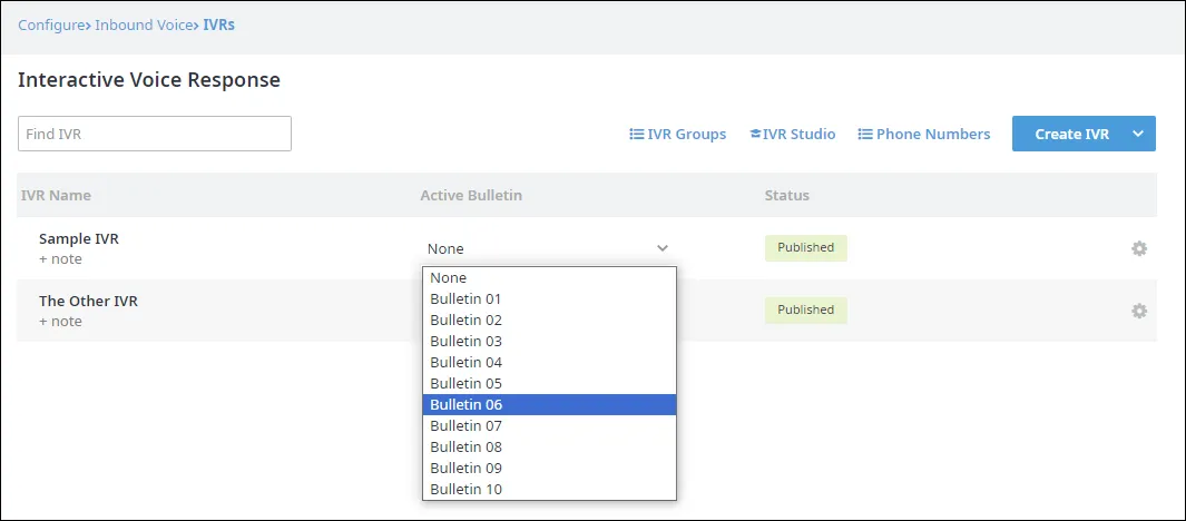 Menu a discesa Active Bulletin nella riga dell’IVR