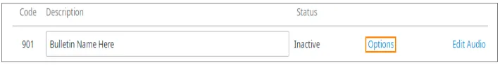 Collegamento Options a destra dello stato del Bulletin