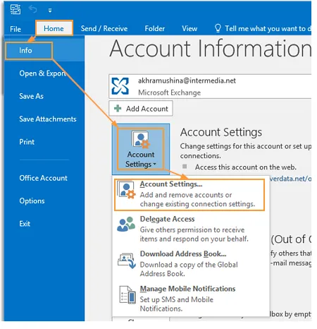 Menu Impostazioni account in Outlook