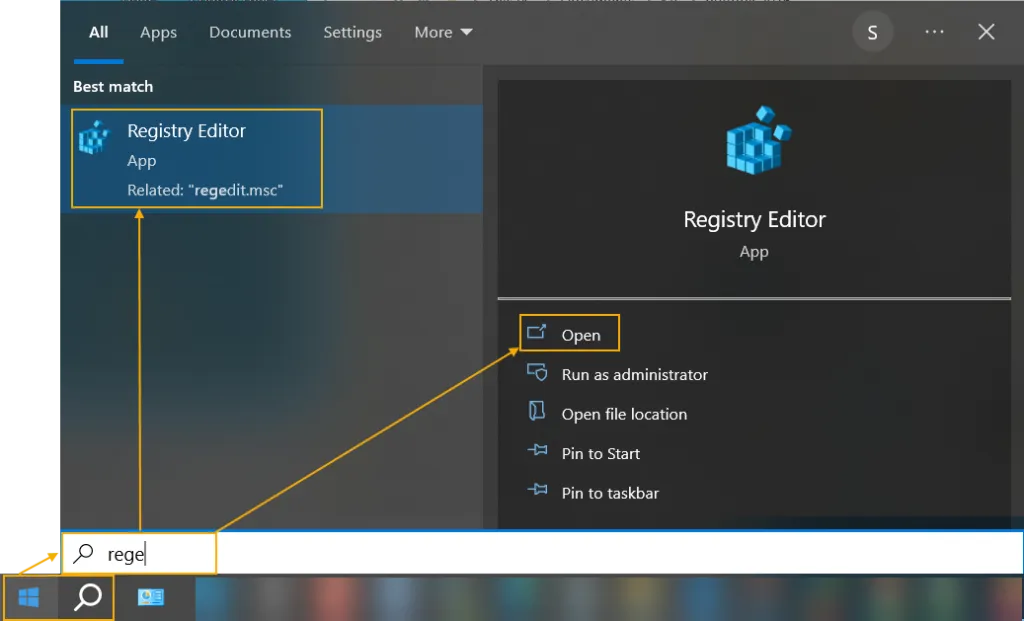 Ricerca di regedit nel menu Start di Windows