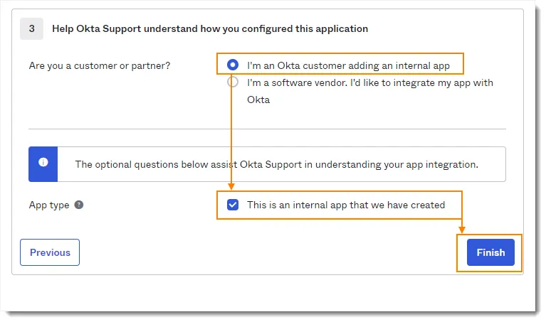 Domande del terzo passaggio della creazione dell’app in Okta