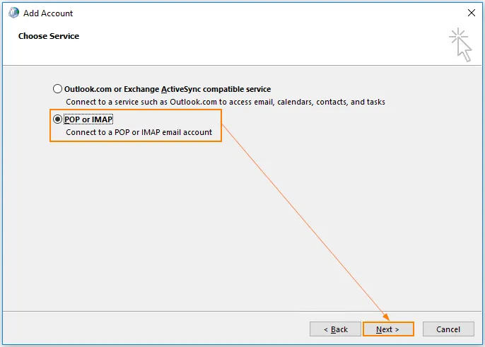 Scelta del tipo di account POP o IMAP