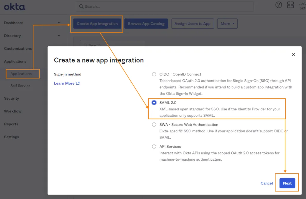 Creazione di una nuova integrazione SAML 2.0 in Okta