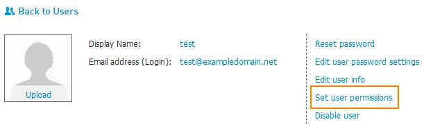 Collegamento Set User Permissions nella pagina dell’utente