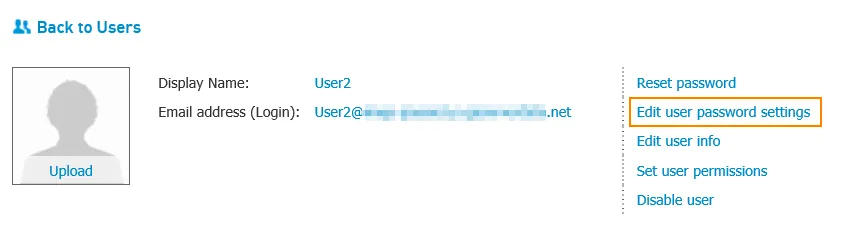 Pagina dell’utente con il collegamento Edit User password settings