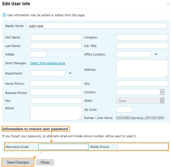 Sezione Information to restore user password nelle informazioni dell’utente