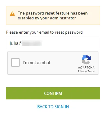 Messaggio di errore mostrato all’utente che non può recuperare la password