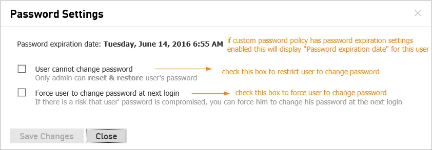 Finestra delle impostazioni della password dell’utente