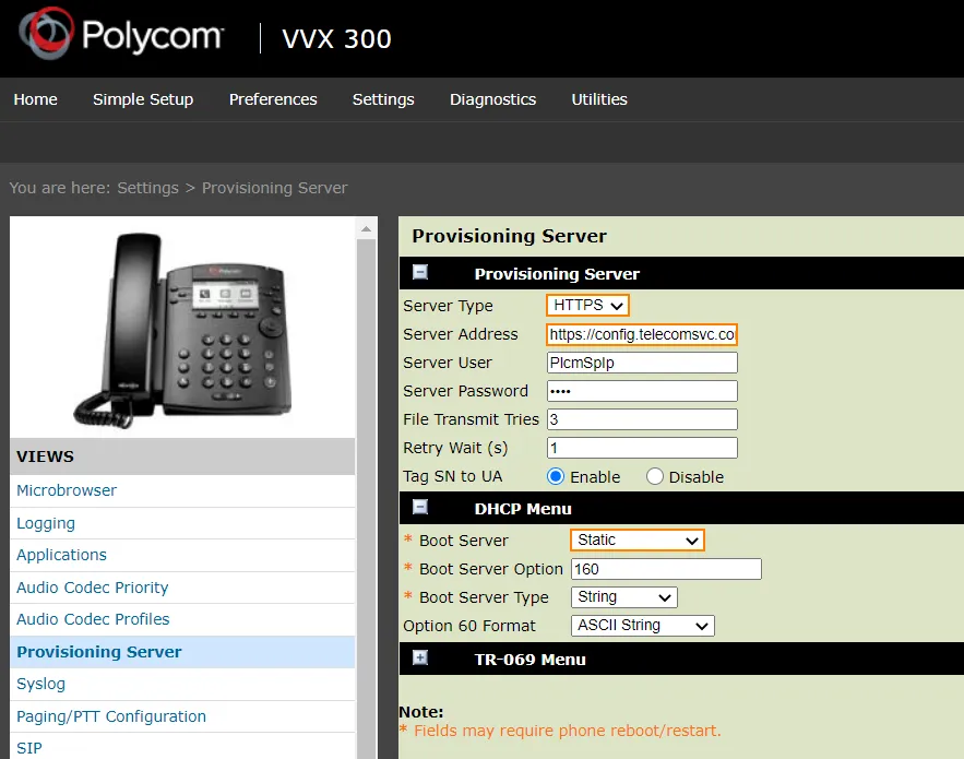 Impostazioni del server di provisioning nell’interfaccia web Polycom
