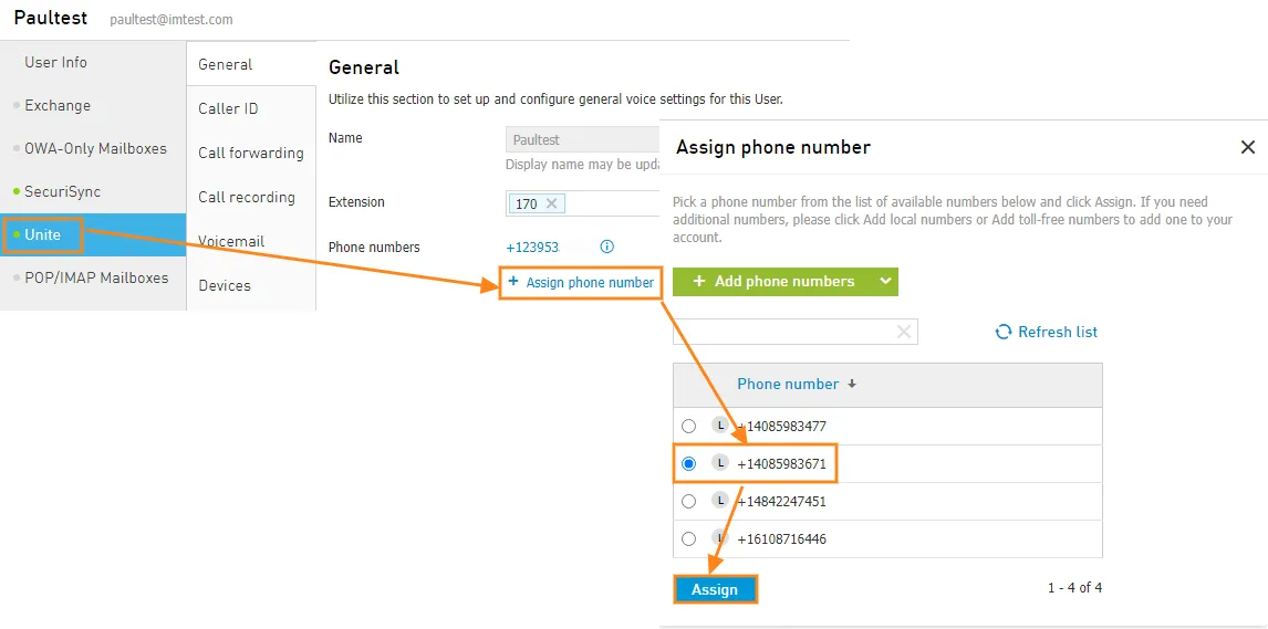 Finestra Assign phone number con l’elenco dei numeri disponibili