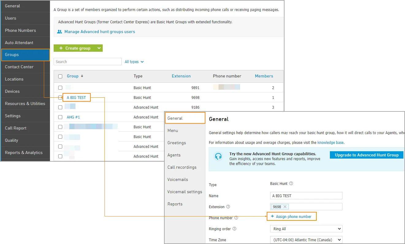 Collegamento Assign phone number nella pagina dell’hunt group
