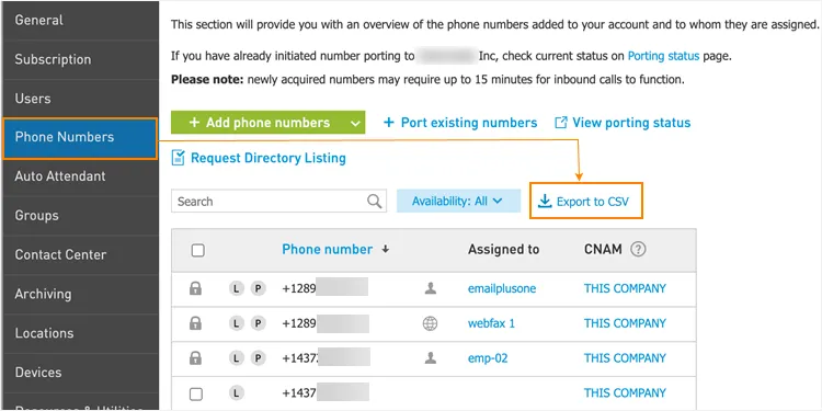 Pulsante Export to CSV nella scheda Phone Numbers