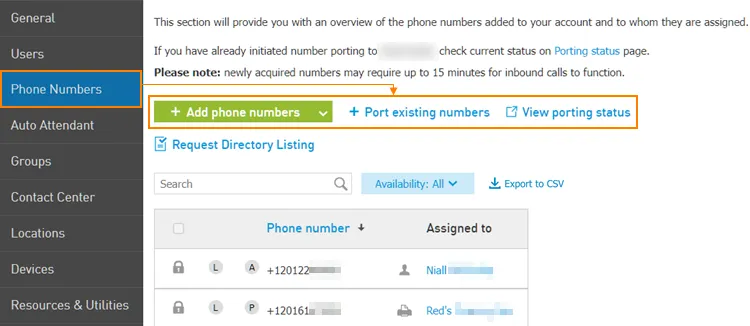 Pulsante Add phone numbers nella scheda Phone Numbers