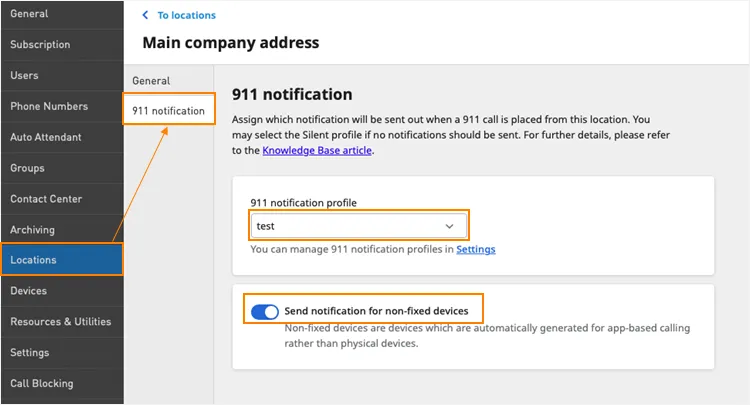 Scheda 911 notification di una sede