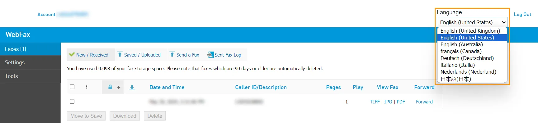 Menu di scelta della lingua nell’interfaccia Web Fax