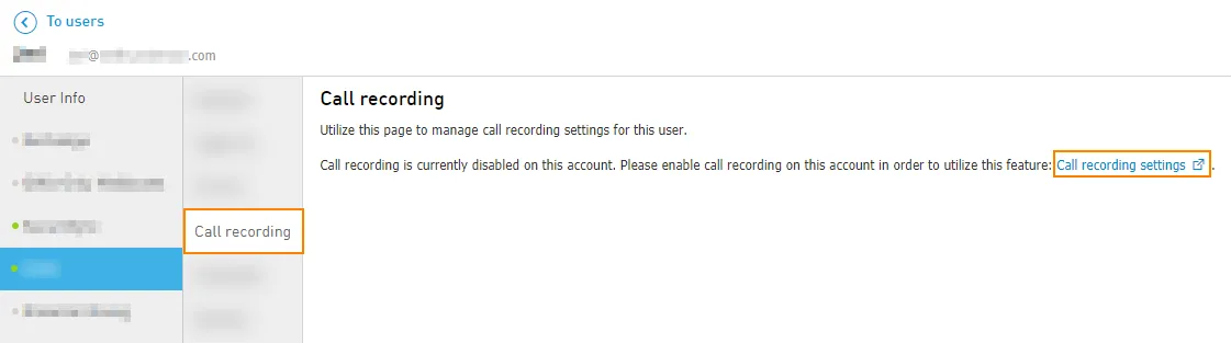 Scheda Call recording con la registrazione disattivata sull’account