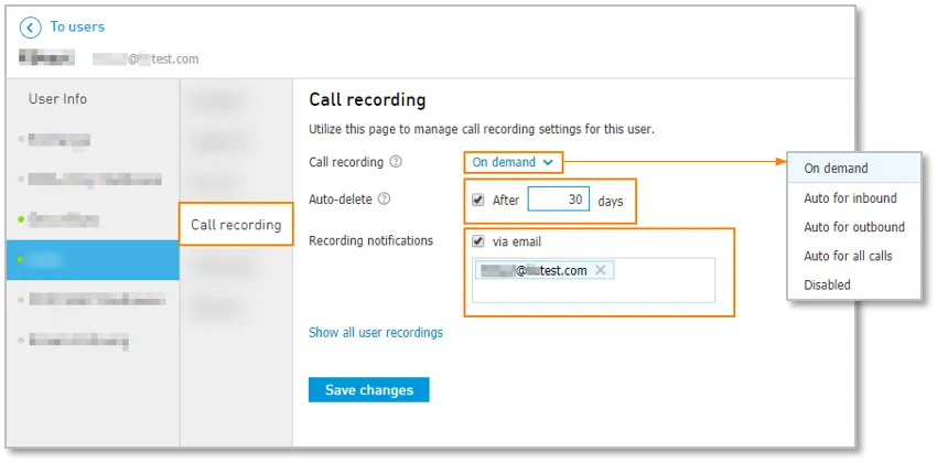 Scheda Call recording con le opzioni di registrazione attive