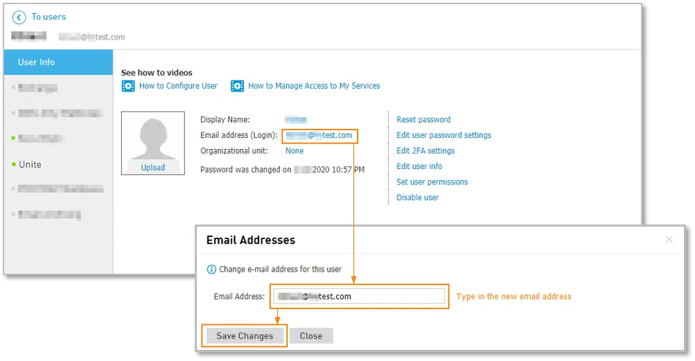 Scheda User Info con il campo dell’indirizzo email di accesso