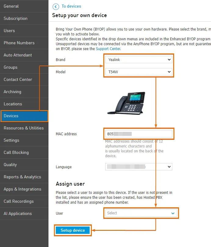 Modulo Setup your own device con marca, modello, indirizzo MAC, lingua e utente