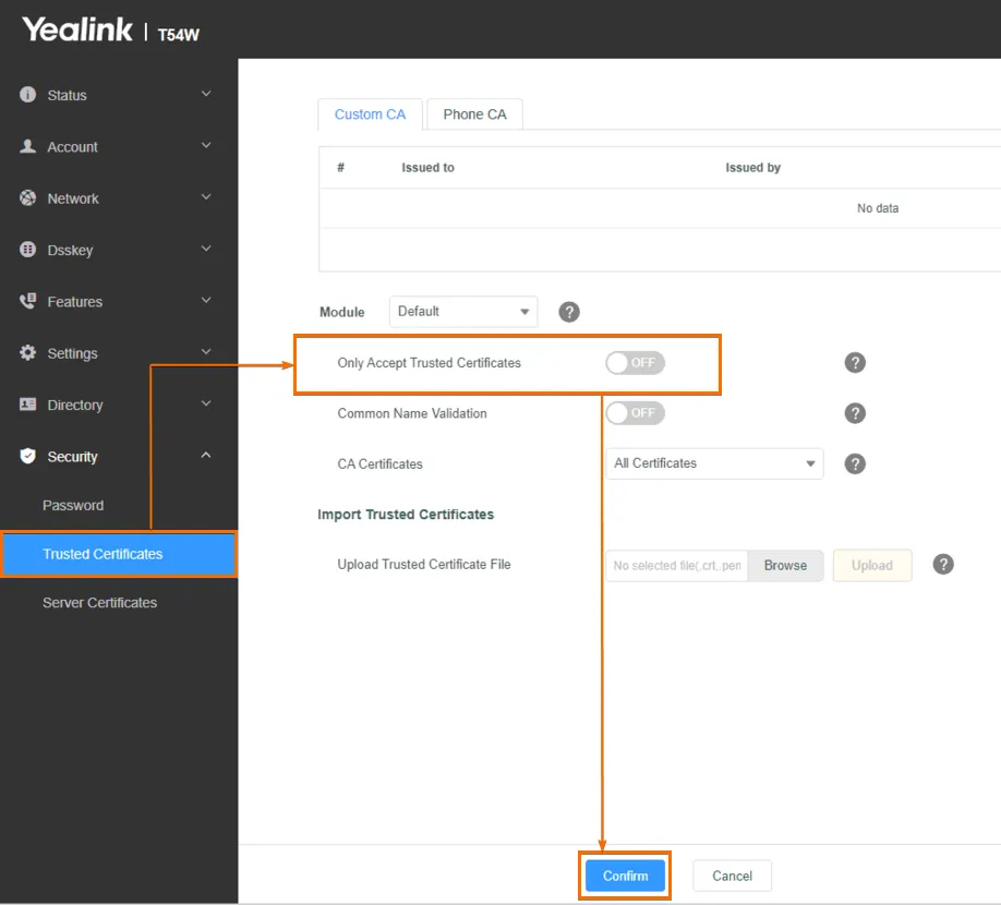 Pagina Trusted Certificates con l’opzione Only Accept Trusted Certificates disattivata