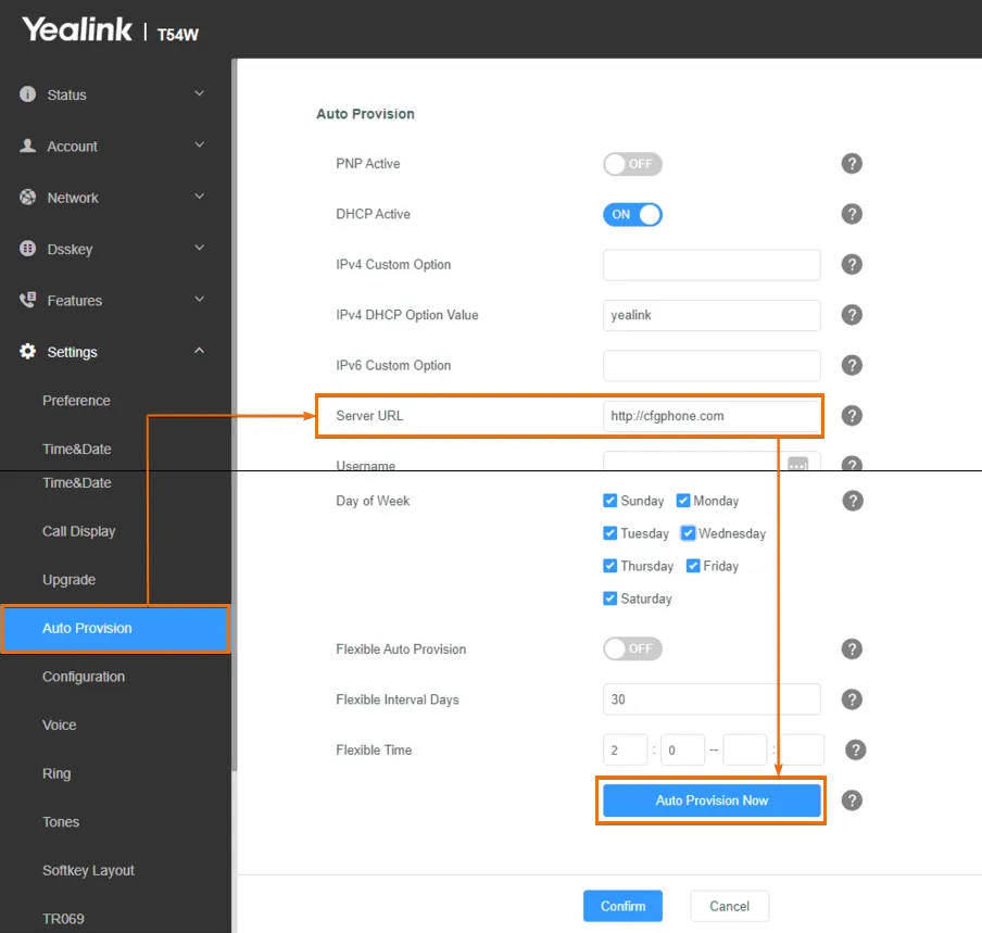 Pagina Auto Provision con il campo Server URL e il pulsante Auto Provision Now