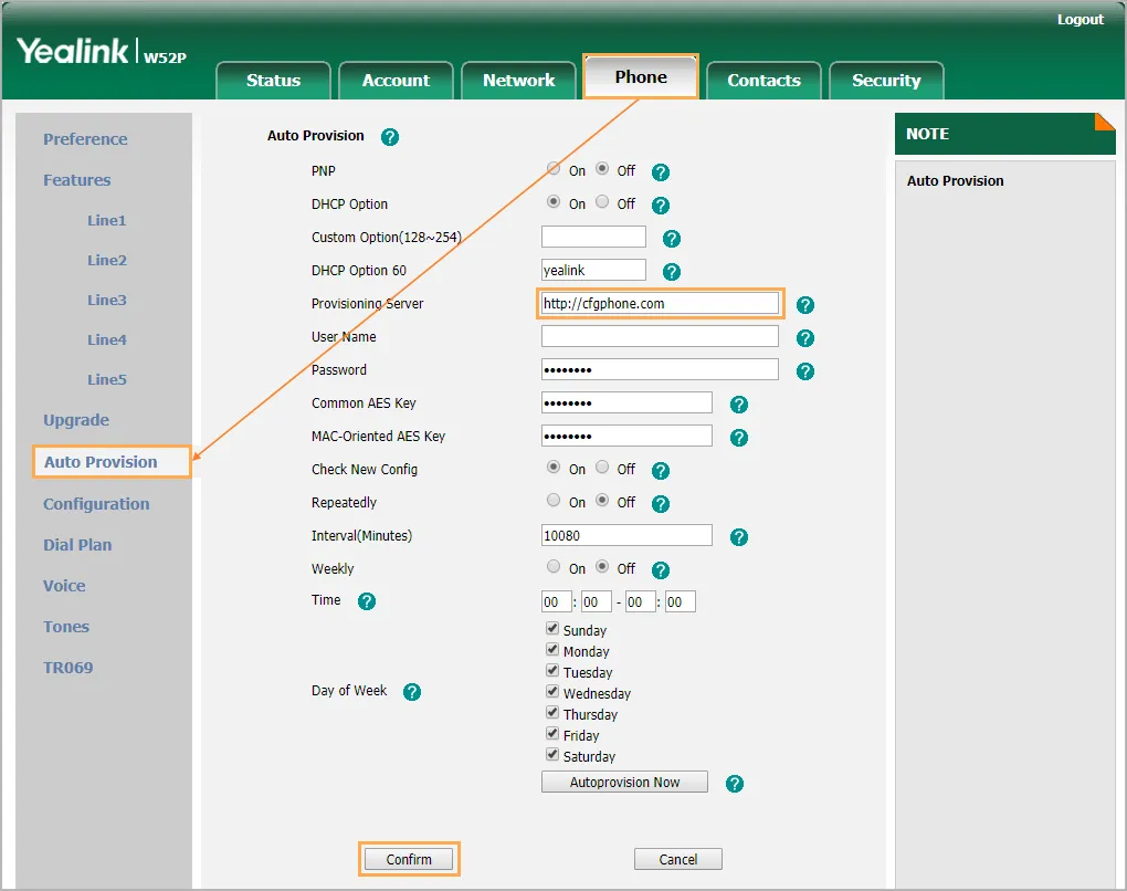 Inserimento dell’URL di provisioning