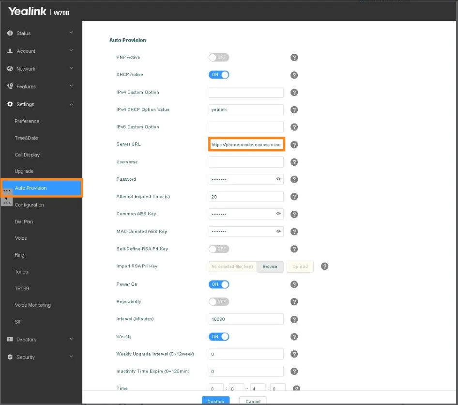 Campo Provisioning Server nell’interfaccia web Yealink