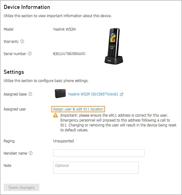 Pulsante Assign user & edit 911 location