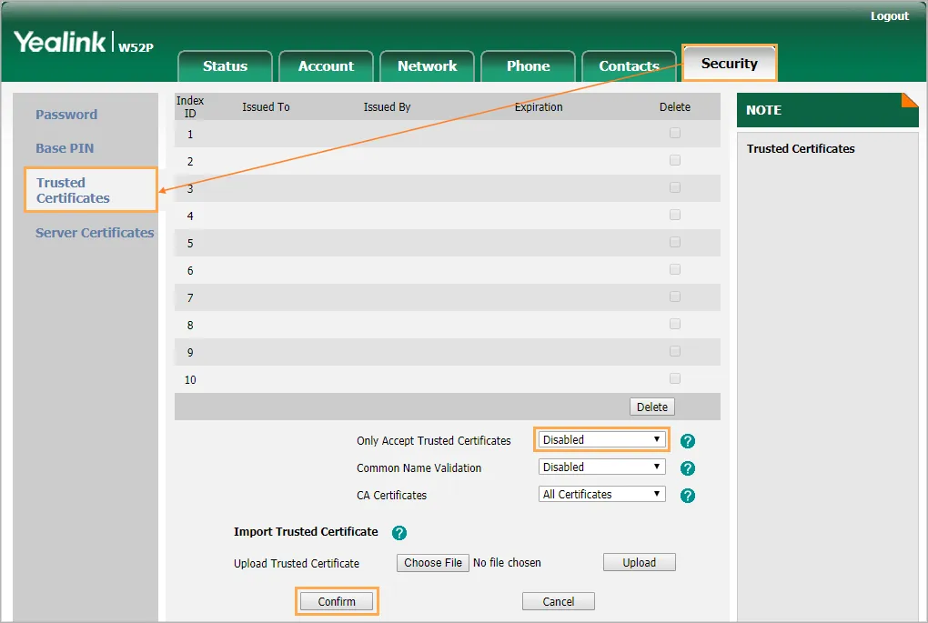 Disattivazione di Only Accept Trusted Certificate