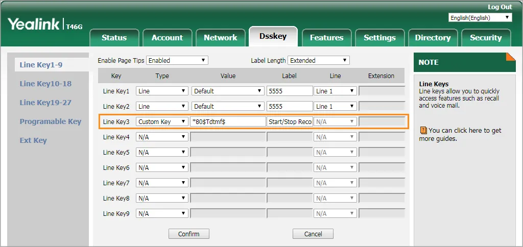 Scheda DSSKey dell’interfaccia web Yealink con un tasto Custom Key configurato