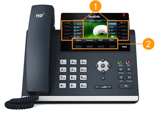 Telefono Yealink T4x con i tasti linea (1) e i soft key (2) evidenziati