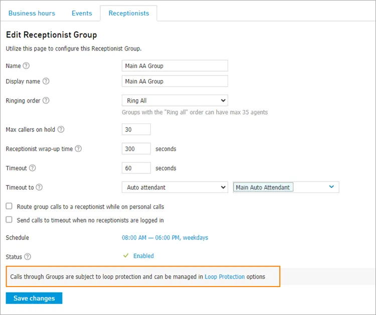 Impostazione Call Loop Protection di un gruppo di squillo
