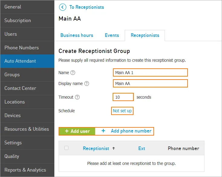 Modulo di creazione del gruppo di receptionist con nome, nome visualizzato e timeout