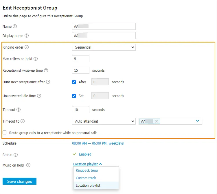 Pagina Edit a Receptionist Group con le opzioni avanzate