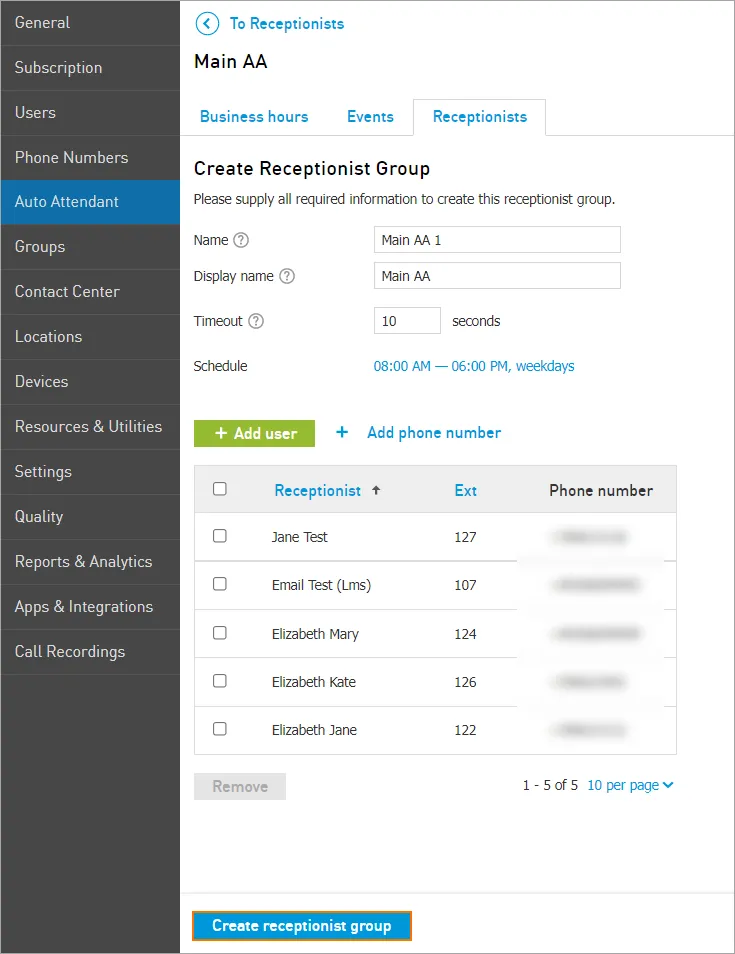 Pulsante Create Receptionist group al termine della configurazione