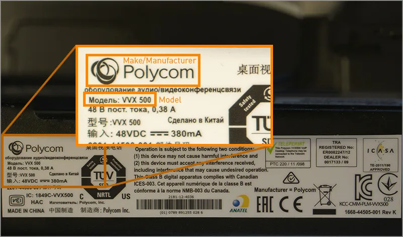 Pannello informativo sul retro di un telefono Polycom VVX recente