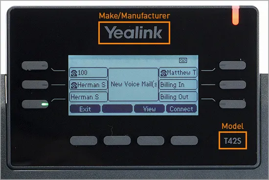 Marca e modello sulla parte frontale di un telefono Yealink serie T4
