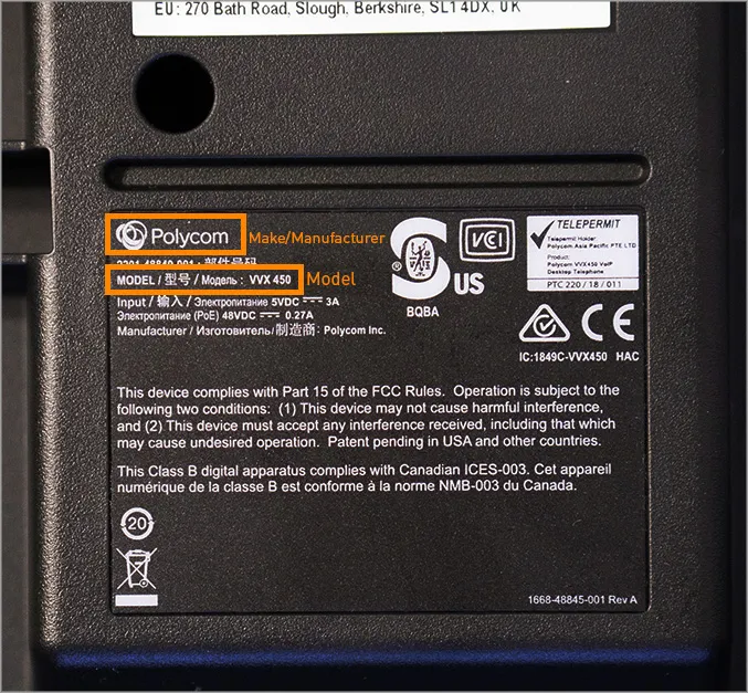 Etichetta sul retro di un telefono Polycom VVX di generazione precedente