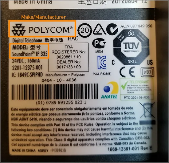 Etichetta sul retro di un telefono Polycom SoundPoint IP