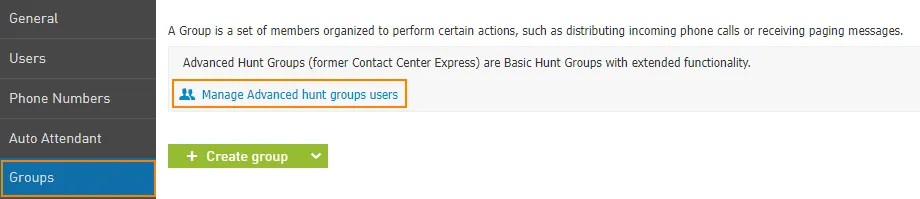 Pagina Manage Advanced Hunt Group Users nel pannello di amministrazione