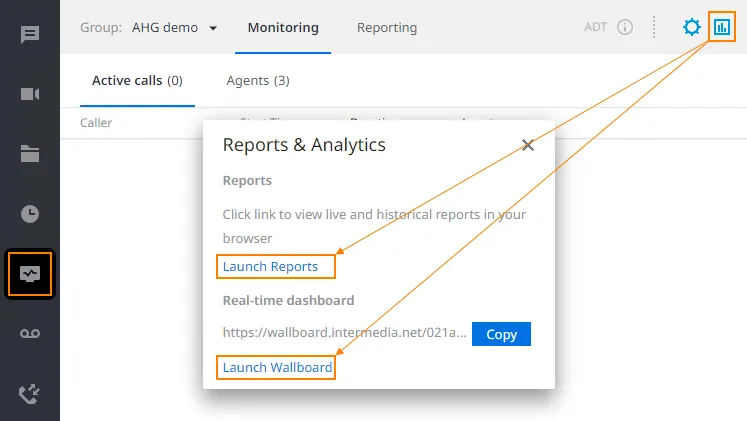 Icona Reports nella scheda Monitor