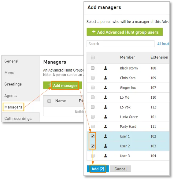 Scheda Managers del gruppo di squillo avanzato