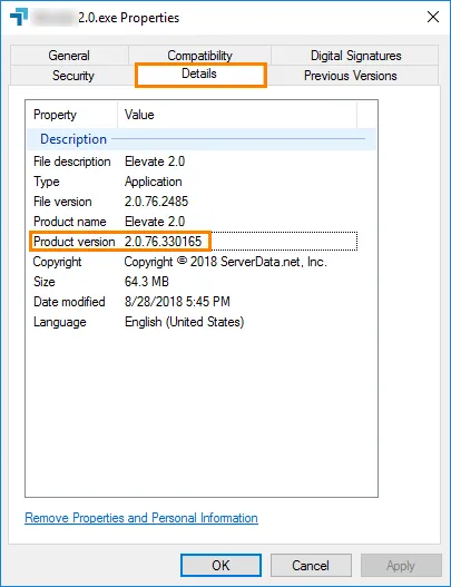 Scheda Dettagli delle proprietà del file con la Versione prodotto